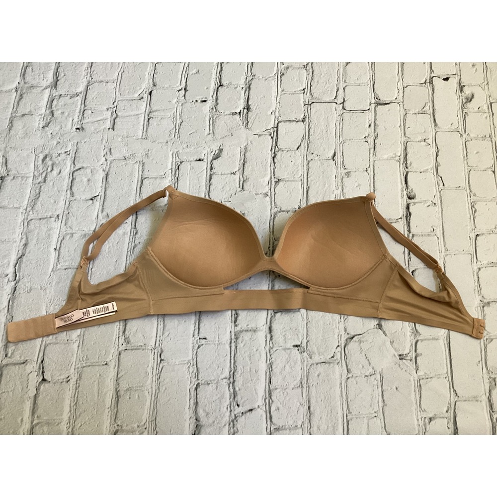 Victorias Secret Wireless Bra Tan Nude Padded T-Shirt Bra 34C Gold V Logo - Picture 6 of 7